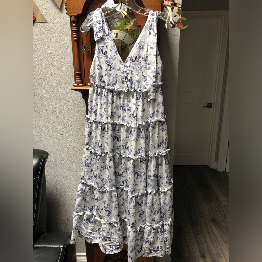 Moon River White Maxi Dress with Blue Floral Print